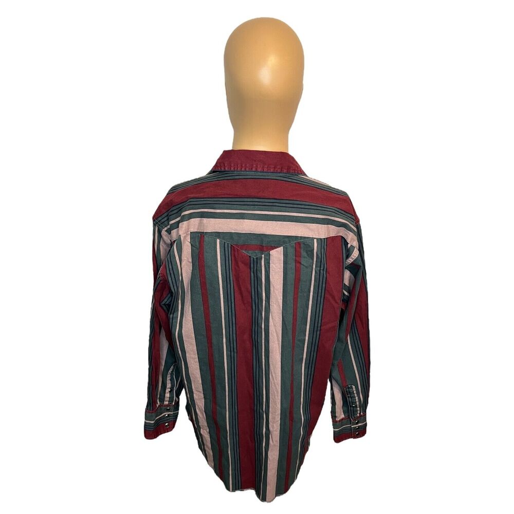Vintage Wrangler Green Red Striped Long Sleeve Button Up Pearl Snap Size Large - Picture 4 of 6